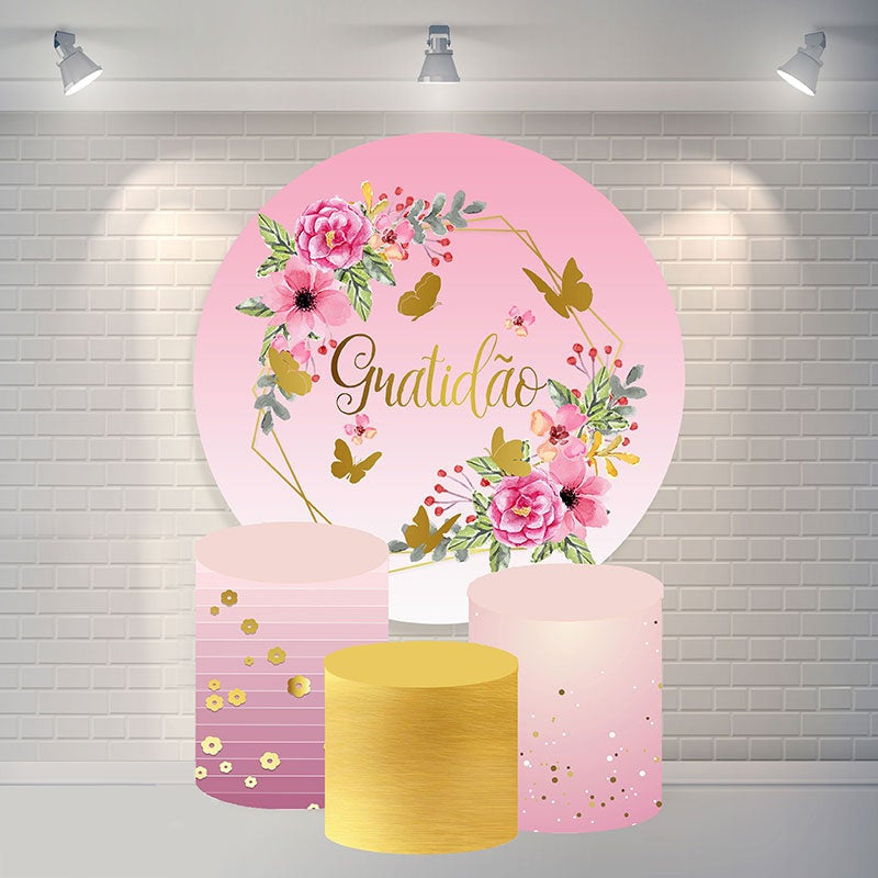 Aperturee Pink Flower Butterfly Round Happy Birthday Backdrop