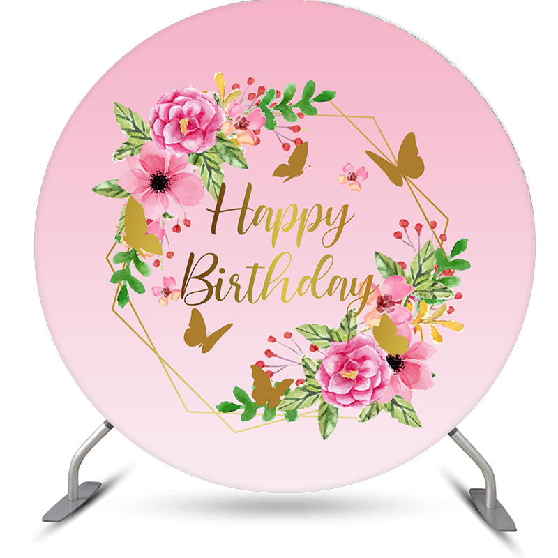 Aperturee - Pink Flower Butterfly Round Happy Birthday Backdrop