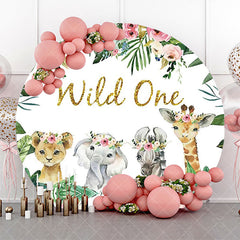 Aperturee - Pink Flower Leaves Animals Round 1st Birthday Backdrop