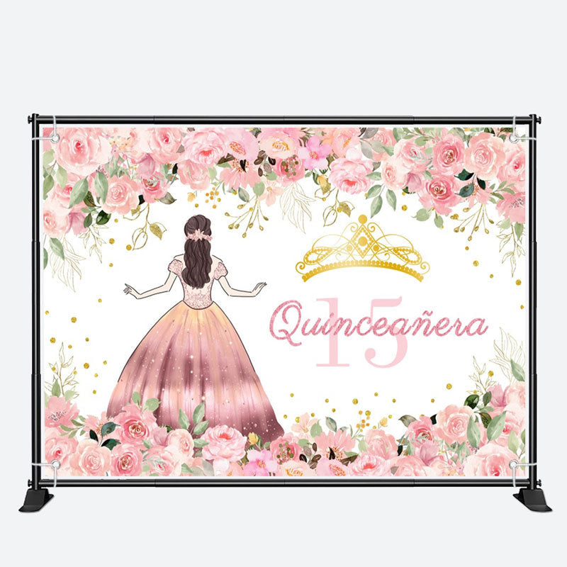 Aperturee - Pink Flower Quinceanera Girl 15th Birthday Backdrop