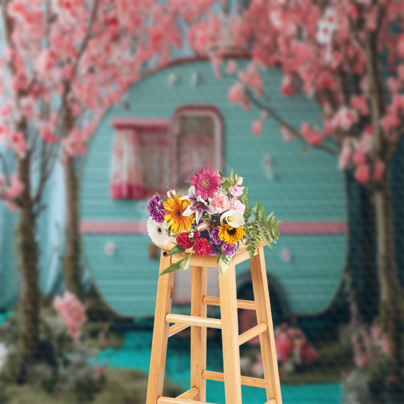 Aperturee - Pink Flower Trees Blue RV Spring Photo Backdrop