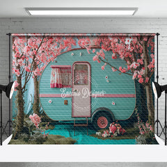 Aperturee - Pink Flower Trees Blue RV Spring Photo Backdrop