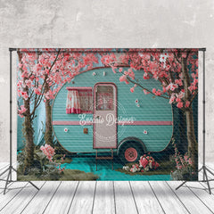 Aperturee - Pink Flower Trees Blue RV Spring Photo Backdrop