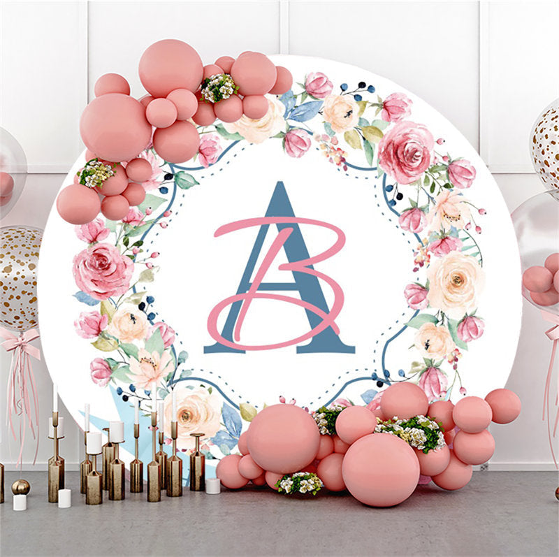 Aperturee - Pink Flower White Wall Round Happy Wedding Backdrop