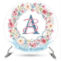 Aperturee - Pink Flower White Wall Round Happy Wedding Backdrop