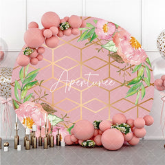 Aperturee Pink Flowers And Leaves Golden Lines Round Backdrop