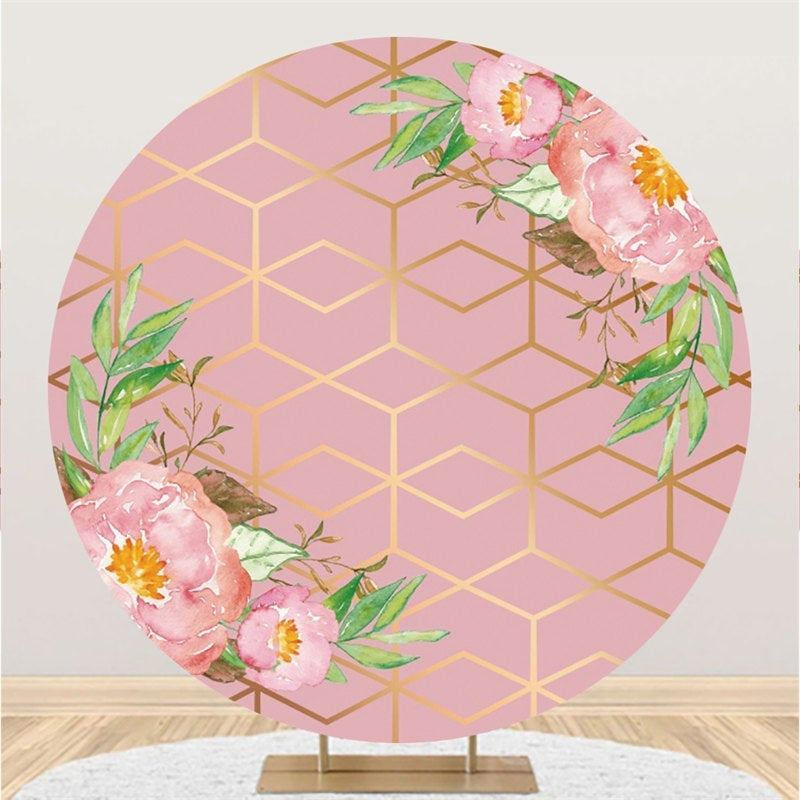 Aperturee Pink Flowers And Leaves Golden Lines Round Backdrop