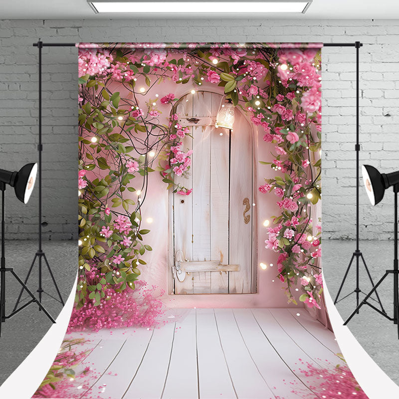 Pink Flowers Around White Wooden Door Sweep Backdrop - Aperturee