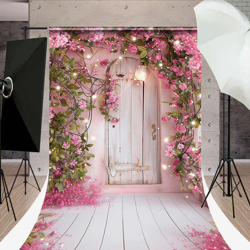 Aperturee - Pink Flowers Around White Wooden Door Sweep Backdrop