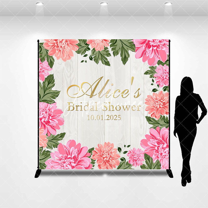 Aperturee - Pink Flowers Beige Wood Custom Bridal Shower Backdrop