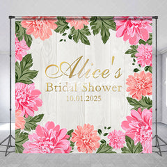 Aperturee - Pink Flowers Beige Wood Custom Bridal Shower Backdrop