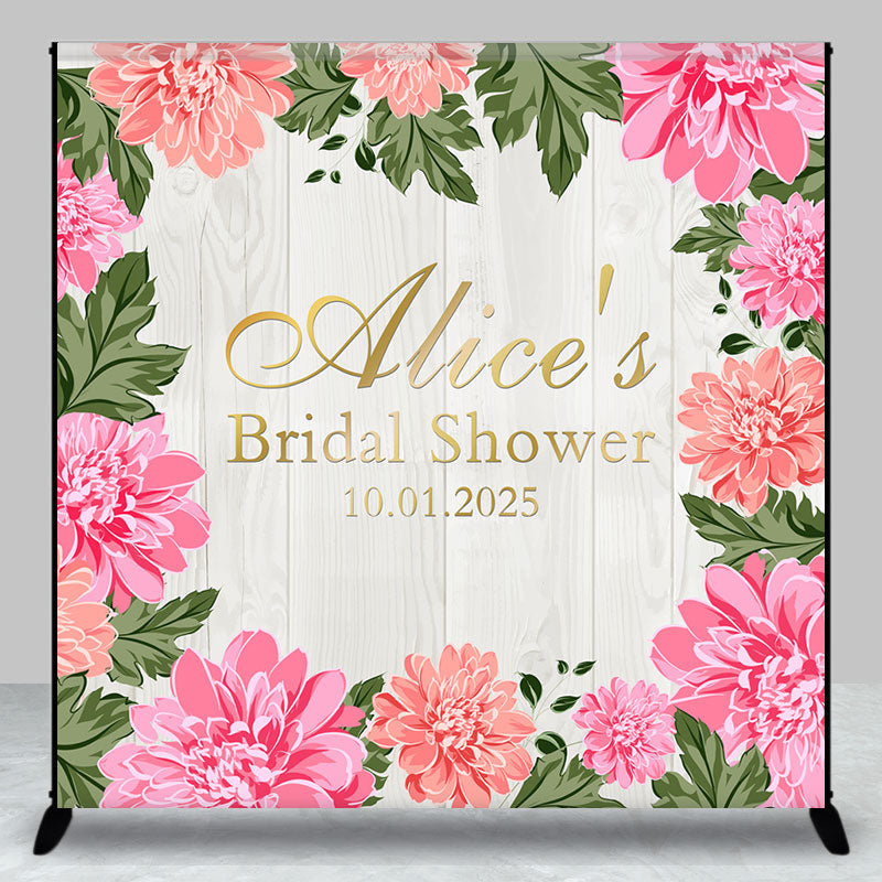 Aperturee - Pink Flowers Beige Wood Custom Bridal Shower Backdrop