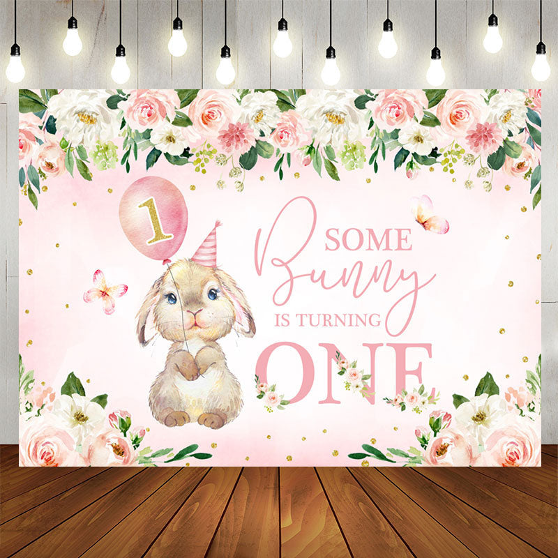 Aperturee - Pink Flowers Bunny Balloons 1st Birthday Backdrop