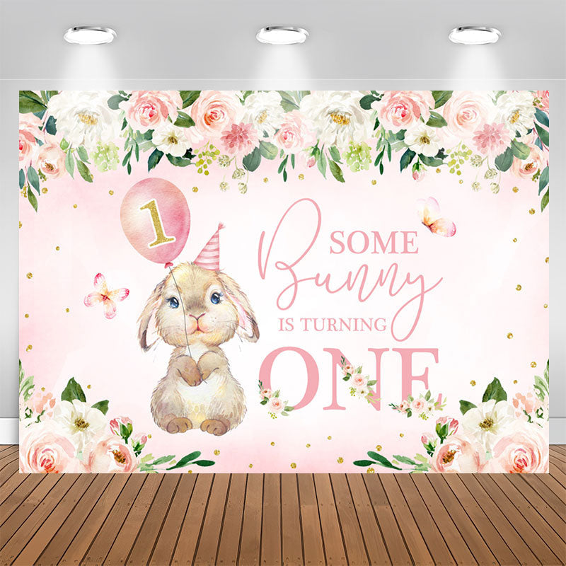 Aperturee - Pink Flowers Bunny Balloons 1st Birthday Backdrop