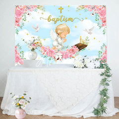 Aperturee - Pink Flowers Cross Angel Baptism Backdrop For Girl