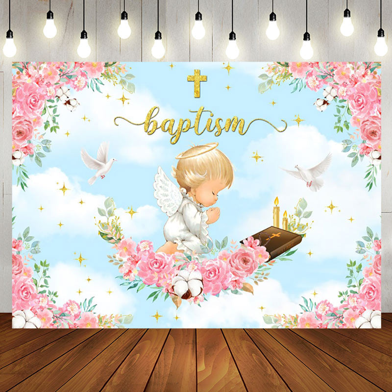 Aperturee - Pink Flowers Cross Angel Baptism Backdrop For Girl