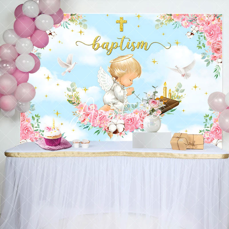 Aperturee - Pink Flowers Cross Angel Baptism Backdrop For Girl