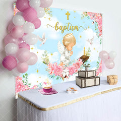 Aperturee - Pink Flowers Cross Angel Baptism Backdrop For Girl