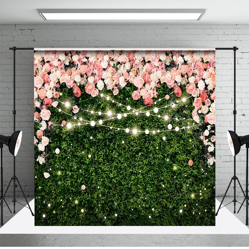 Aperturee - Pink Flowers Green Leaves Light Wedding Backdrop