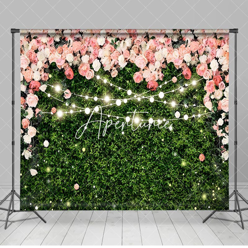 Aperturee - Pink Flowers Green Leaves Light Wedding Backdrop