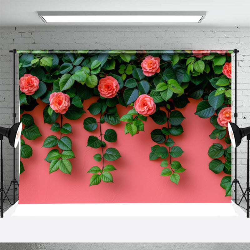 Aperturee - Pink Flowers Green Leaves Wall Photography Backdrop