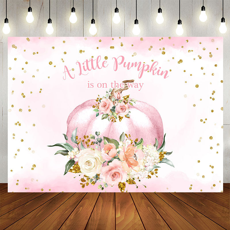 Aperturee - Pink flowers pumpkin baby shower Backdrop for girl