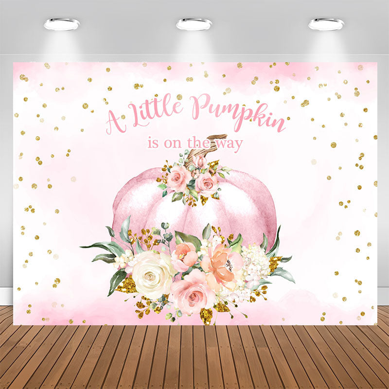 Aperturee - Pink flowers pumpkin baby shower Backdrop for girl