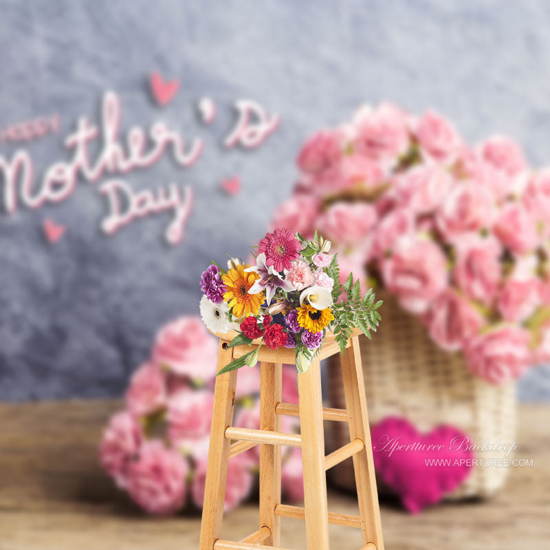 Aperturee - Pink Flowers Wooden Desk Mothers Day Backdrop For Photo