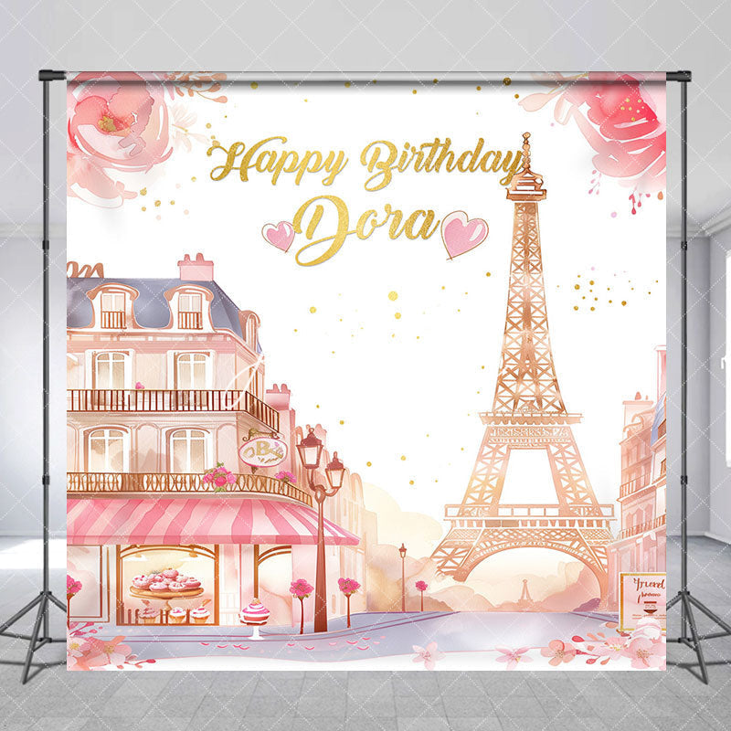 Aperturee - Pink French Street Tower Custom Birthday Backdrop