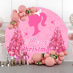 Aperturee - Pink Girl Heart Trees Round Merry Christmas Backdrop