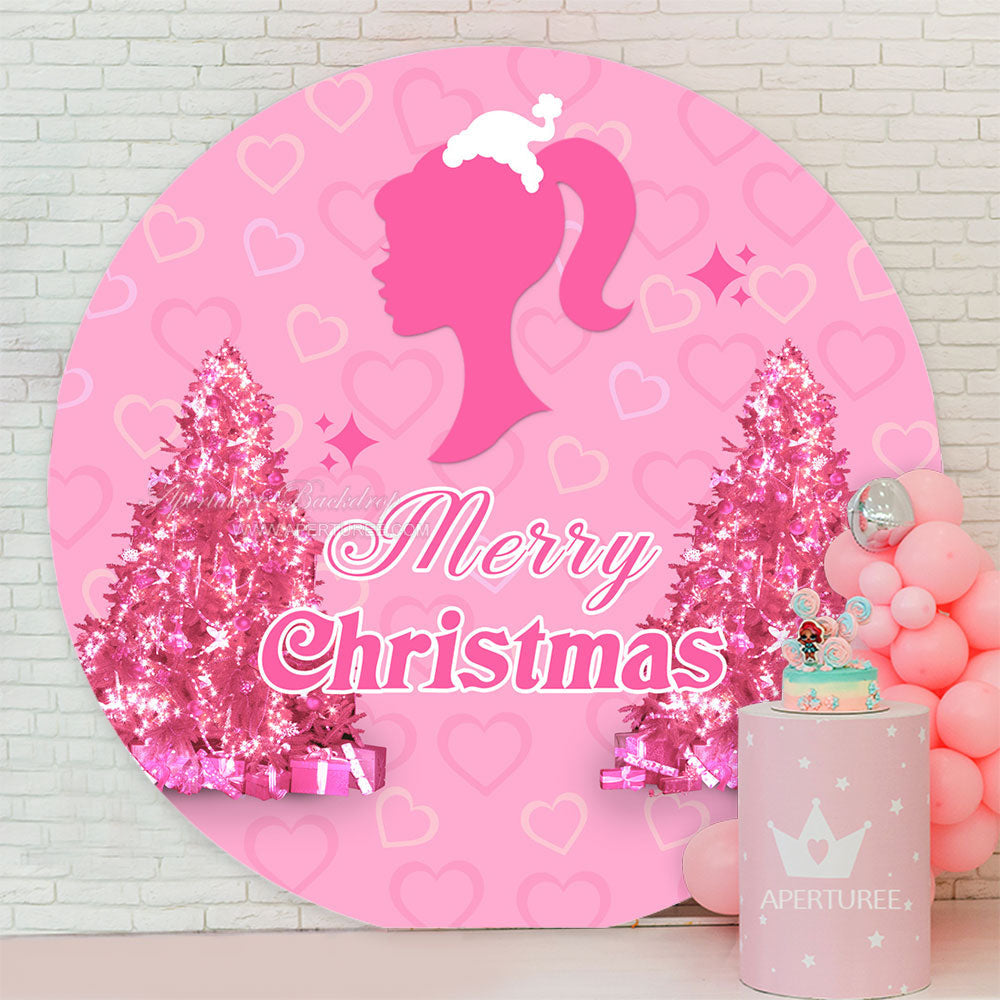 Aperturee - Pink Girl Heart Trees Round Merry Christmas Backdrop