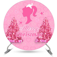 Aperturee - Pink Girl Heart Trees Round Merry Christmas Backdrop