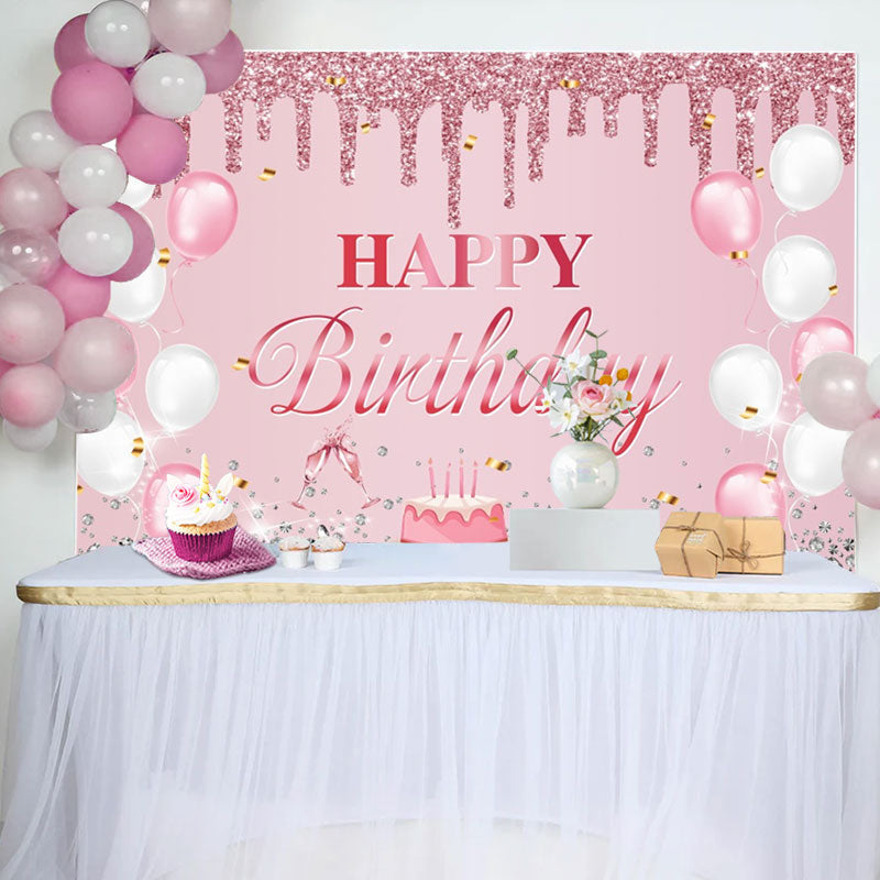 Aperturee - Pink Glitter Balloon Cake Diamond Birthday Backdrop