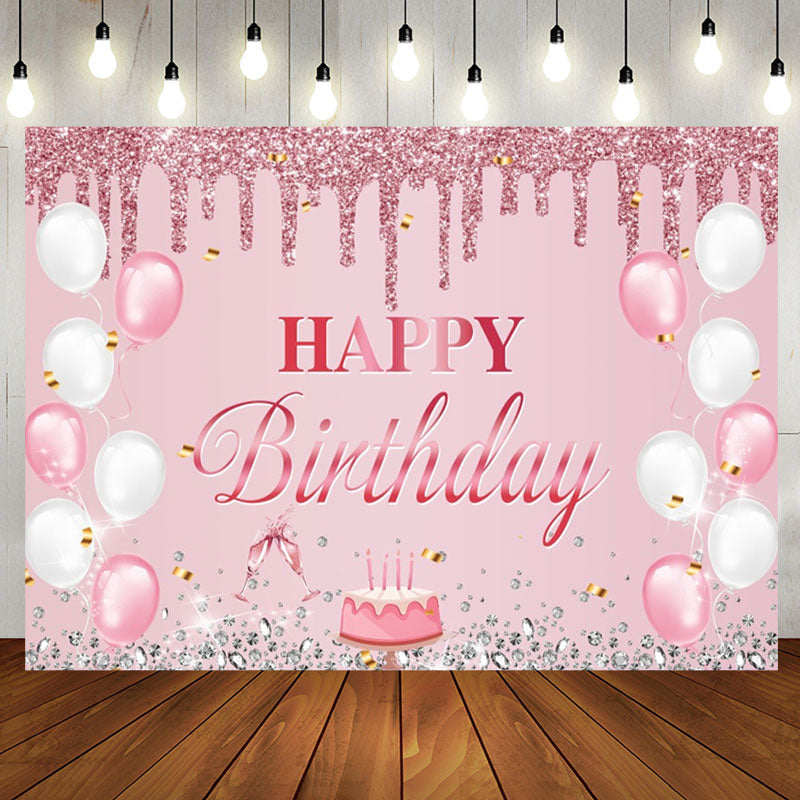 Aperturee - Pink Glitter Balloon Cake Diamond Birthday Backdrop