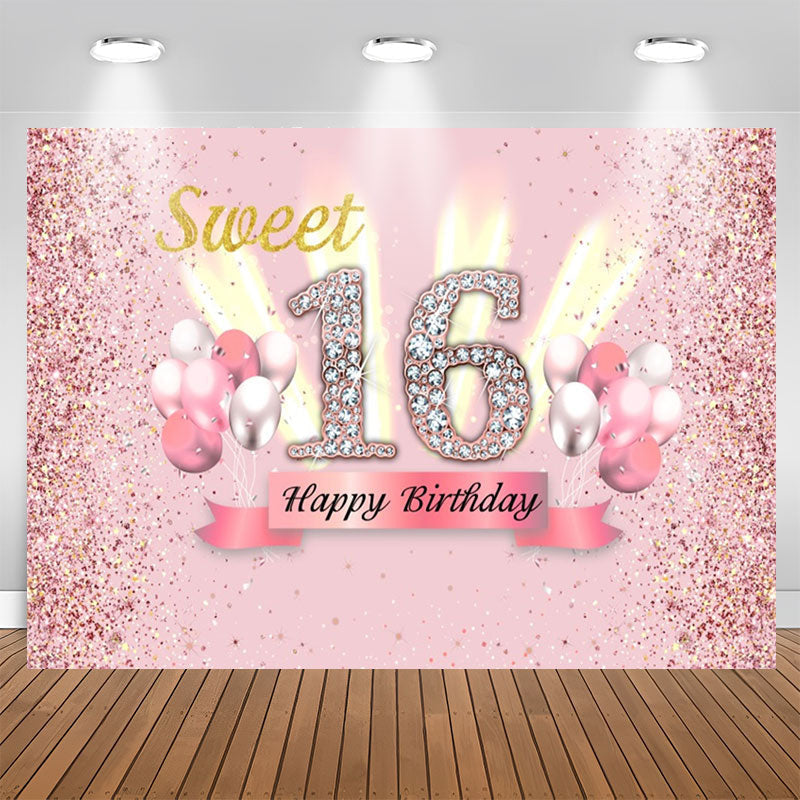 Aperturee - Pink Glitter Balloon Sweet 16th Birthday Backdrop