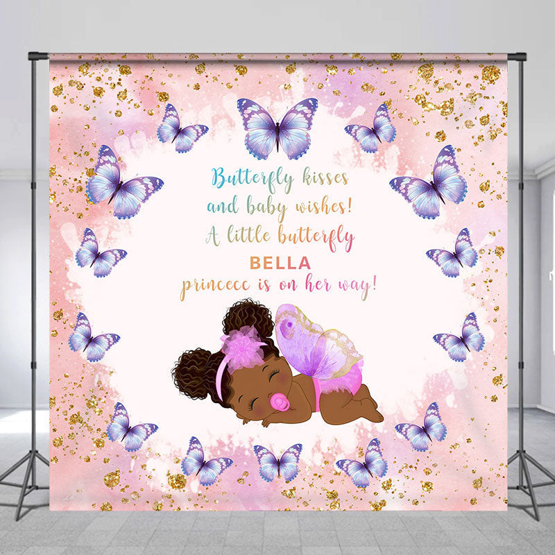 Aperturee - Pink Glitter Butterfly Custom Name Baby Shower Backdrop