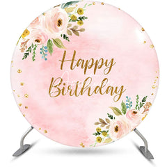 Aperturee - Pink Glitter Floral Leaves Round Birthday Backdrop