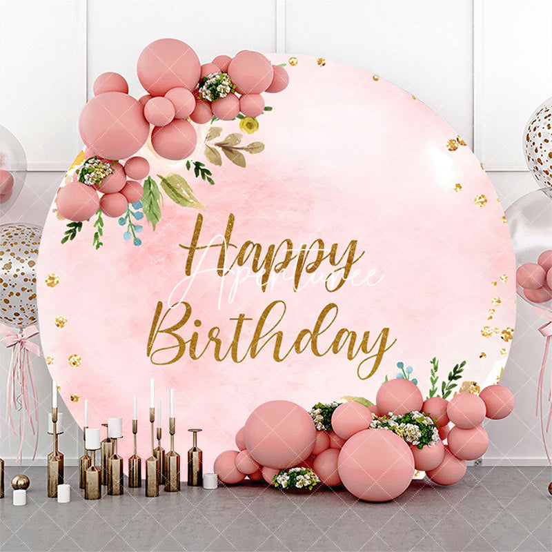 Aperturee - Pink Glitter Floral Leaves Round Birthday Backdrop