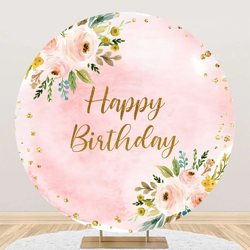 Aperturee - Pink Glitter Floral Leaves Round Birthday Backdrop