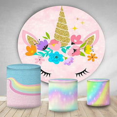 Aperturee Pink Glitter Floral Unicorn Round Birthday Backdrop