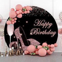 Aperturee Pink Glitter Heels Black Round Happy Birthday Backdrop