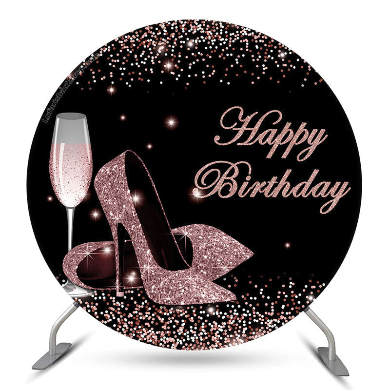 Aperturee Pink Glitter Heels Black Round Happy Birthday Backdrop