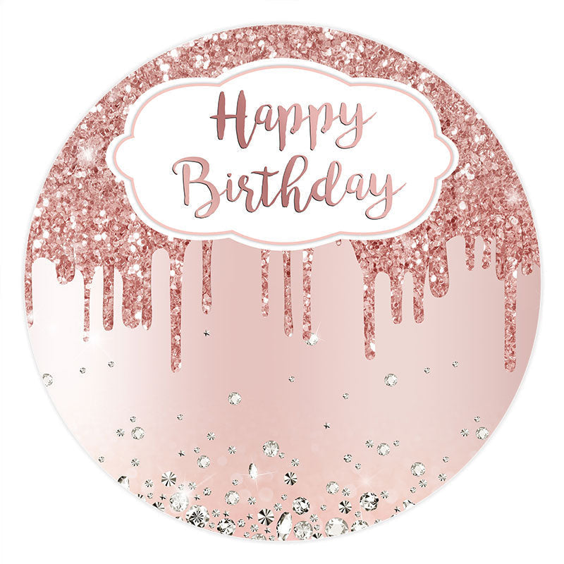 Aperturee Pink Glitter Silver Diamonds Round Happy Birthday Backdrop