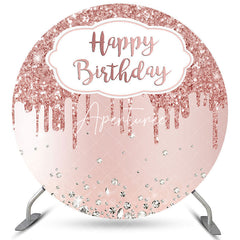 Aperturee Pink Glitter Silver Diamonds Round Happy Birthday Backdrop