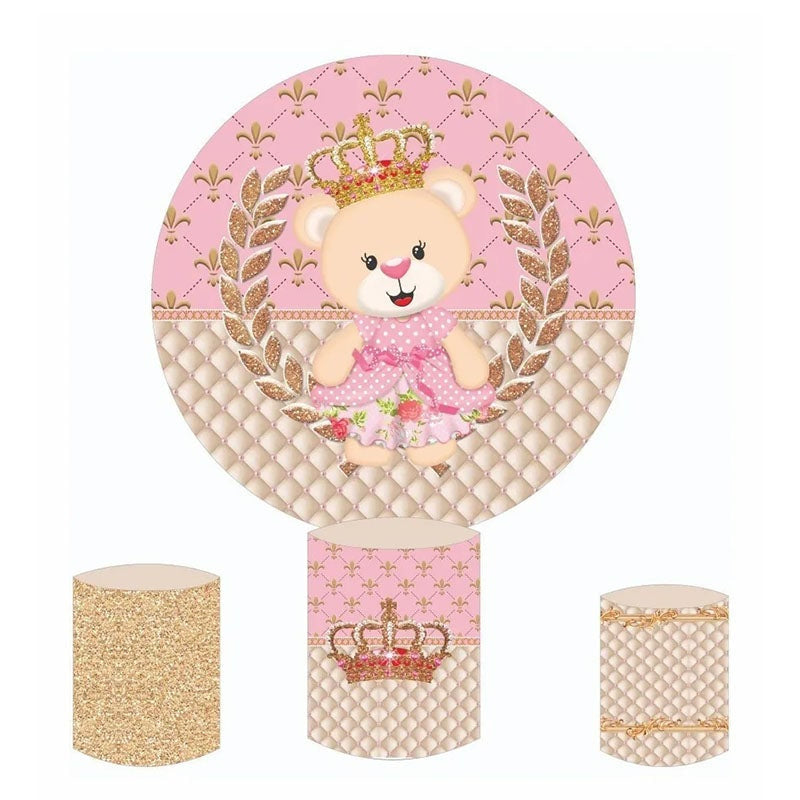 Aperturee Pink Glitter Teddy Bear Round Birthday Backdrop Kit