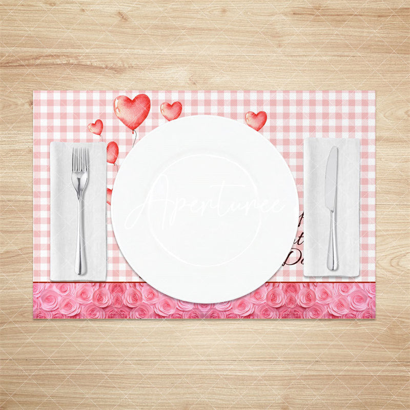 Aperturee - Pink Gnome Heart Balloon Plaid Set Of 4 Placemats