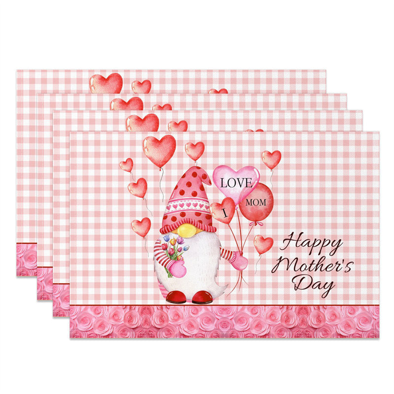 Aperturee - Pink Gnome Heart Balloon Plaid Set Of 4 Placemats