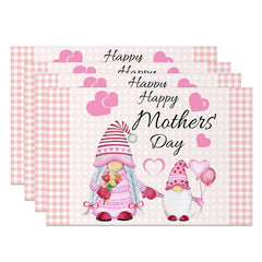 Aperturee - Pink Gnome Heart Plaid Mother Day Set Of 4 Placemats