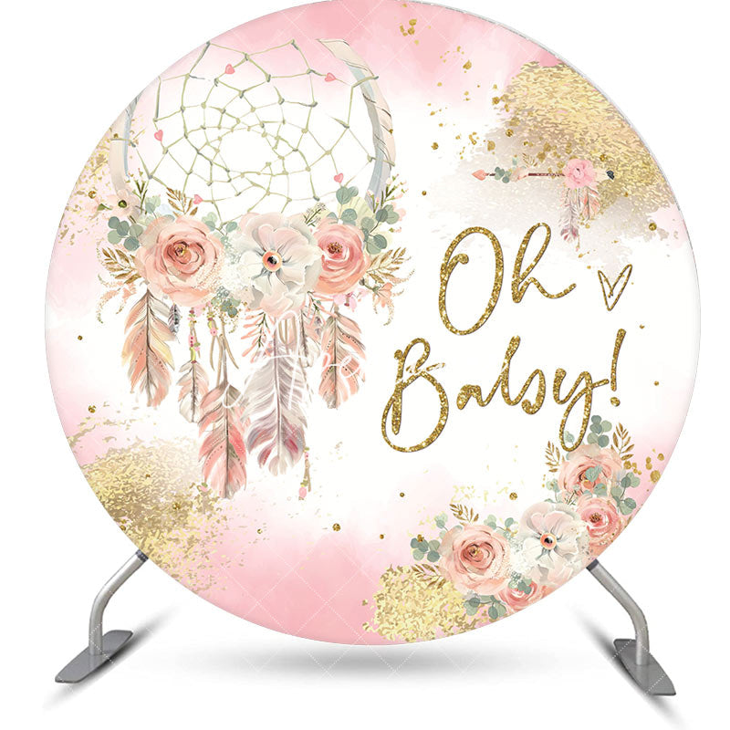 Aperturee - Pink Gold Boho Floral Round Baby Shower Backdrop