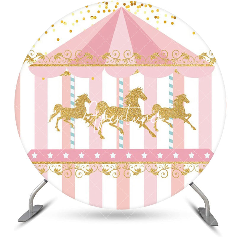 Aperturee - Pink Gold Carousel Circus Round Birthday Backdrop